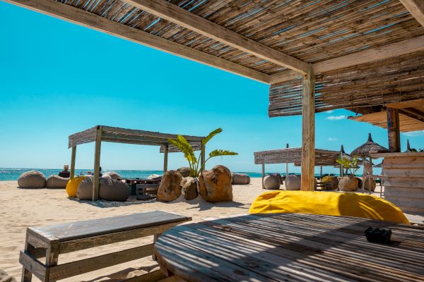A beach scene with wooden pergolas, round benches, tables, cushion seats, and plants, all set under a clear blue sky near the ocean.