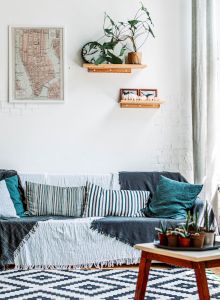 A cozy living room with a sofa, cushions, plants, a coffee table, a rug, wall art, and shelves. Sunlight streams in through large windows.