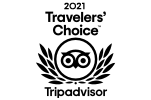 The image shows a "2021 Travelers' Choice TripAdvisor" award logo featuring an owl and laurel wreath design.