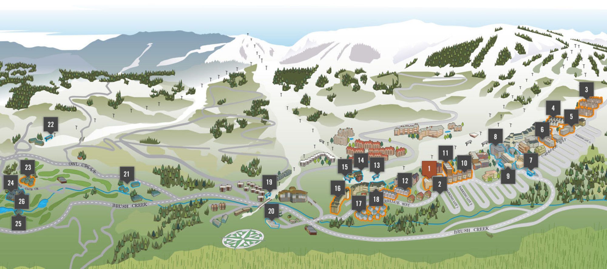 The image shows a detailed map of a mountainous resort area with marked buildings and roads amidst snowy regions and green landscapes.