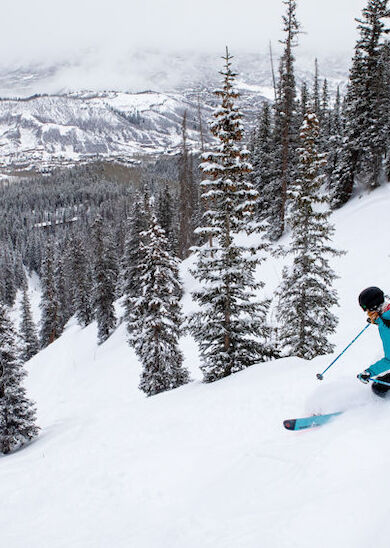 A person in a blue jacket is skiing downhill in a snowy forested area with distant mountains visible in the background.