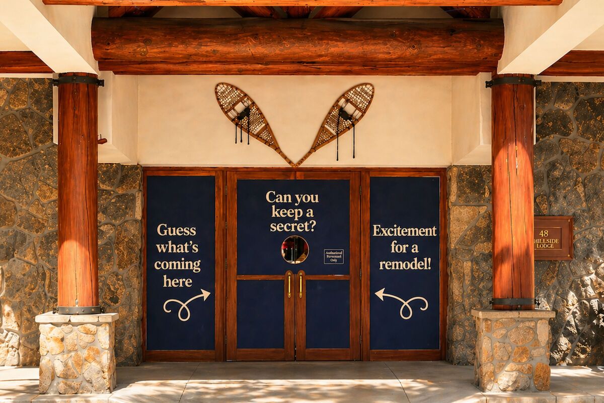 A rustic wooden doorway flanked by stone and log columns, blue doors with white text and decorative motifs, inviting guesses and excitement for a remodel.