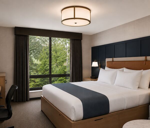 A modern hotel room with a king bed, navy blue accent headboard, white linens and pillows, two nightstands, a desk, a chair, and a large window with greenery outside.