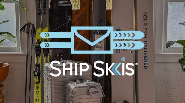 The image features ski equipment, including skis, ski boots, and luggage, with the "Ship Skis" logo overlaid. The setting appears to be a home entrance.