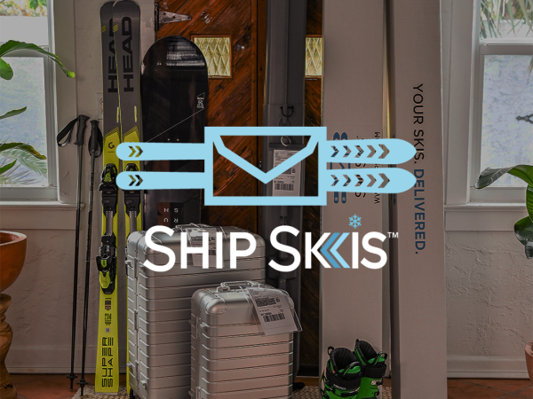 The image features ski equipment, including skis, ski boots, and luggage, with the 
