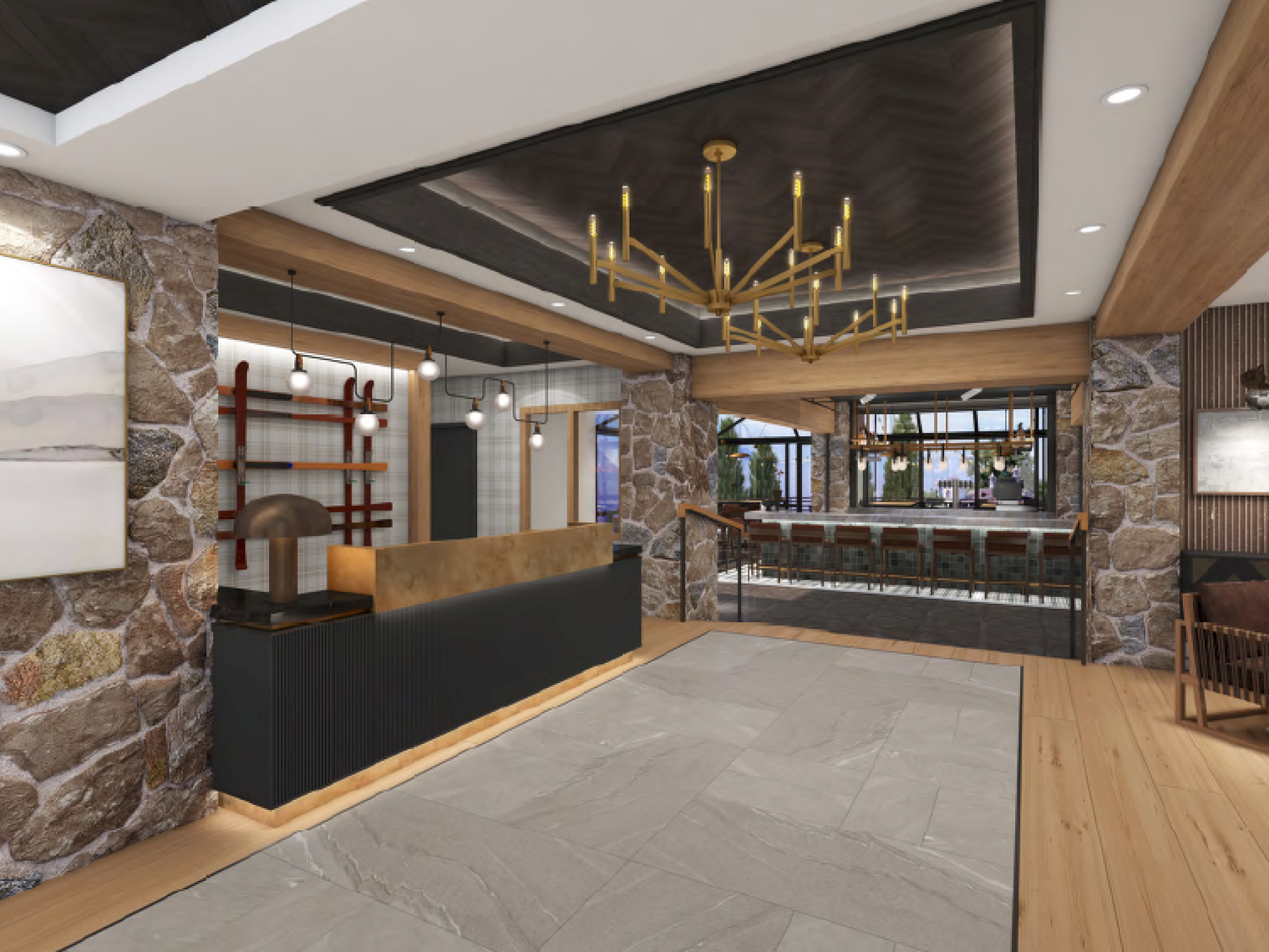 The image shows a modern lobby with stone walls, a chandelier, a reception desk, and seating area. There are lights, artwork, and large windows.