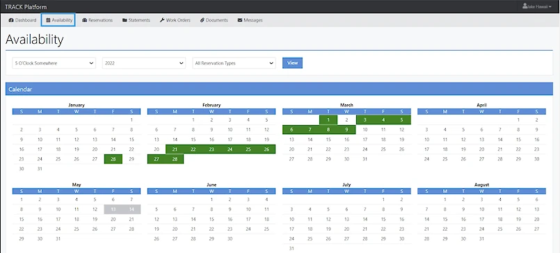 Availability dashboard for 2022 with a calendar view highlighting booked days in green across months (January–August). End with a period.
