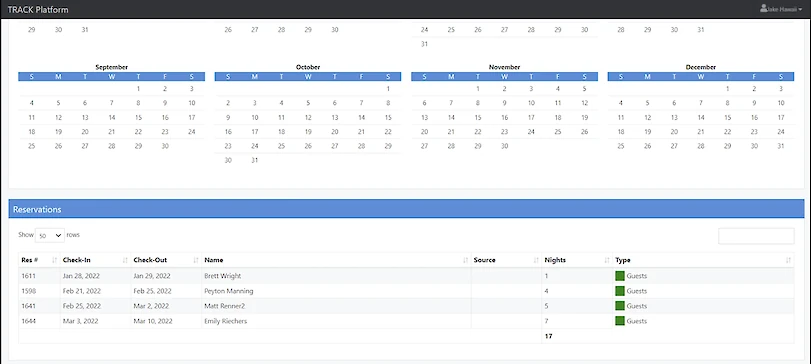 A calendar view shows September–December months and a reservations table listing guest names, check-in/out dates, nights, and types.