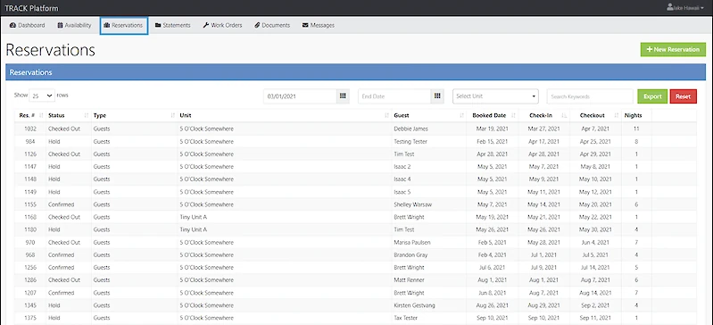 A screenshot of a reservations dashboard showing a list of bookings like hold, check-in, guest names, dates, and room details. ending.