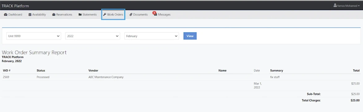 A screenshot of a web app showing a “Work Orders” page with a summary: one processed work order for ABC Maintenance, totaling $25.00. (End with a period.)