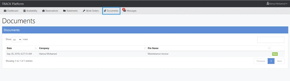 A screenshot shows a “Documents” page in TRACK Platform with a single entry: date, company Hamza Mohamed, file name Maintenance Invoice, View button.