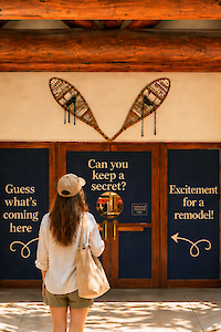 A person in a hat and white shirt stands before blue doors with &ldquo;Can you keep a secret?&rdquo; and &ldquo;Excitement for a remodel!&rdquo; in a rustic entrance.